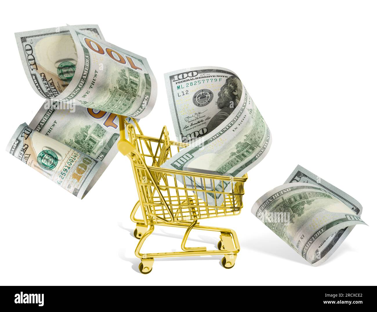 Supermarktkorb, voller Geld. Geld fliegt aus dem goldenen Korb. Stockfoto