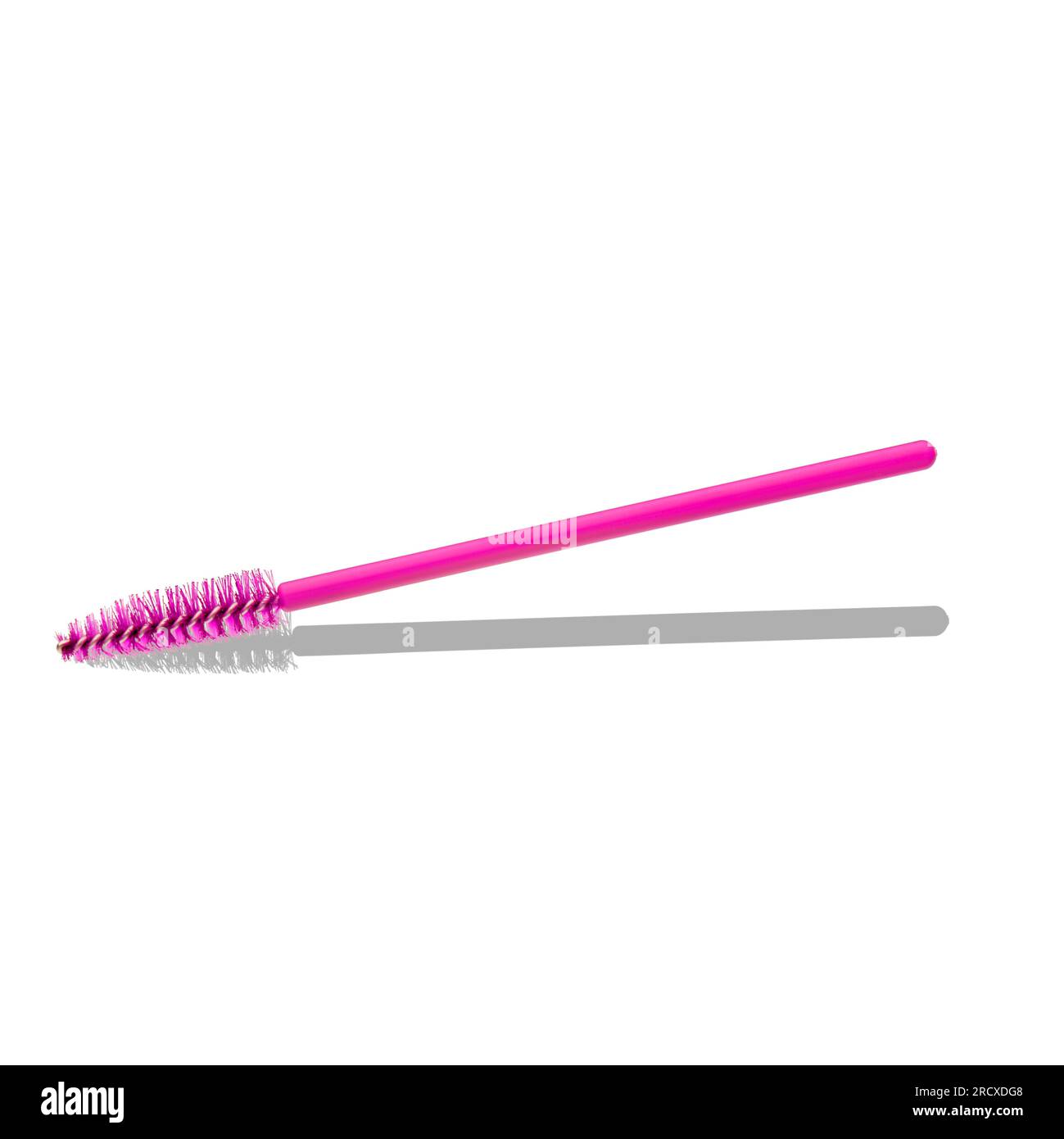 Die pinkfarbene Wimpernbürste ist jedoch rosa. Sie wird auf einem weißen Hintergrund platziert und wirft einen Schatten. Stockfoto