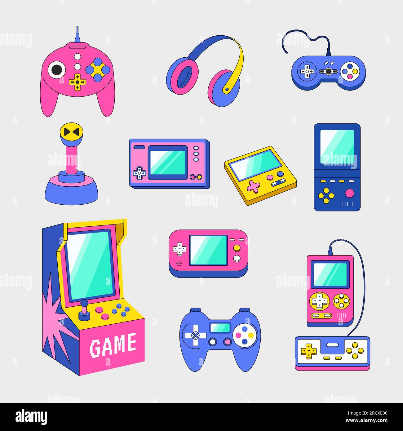 Videospiel-Gadgets. Gamepad-Konsolen für Nerd-Vintage-Assets im Retro-Stil, kürzlich abgelegte Vektorbilder Stock Vektor