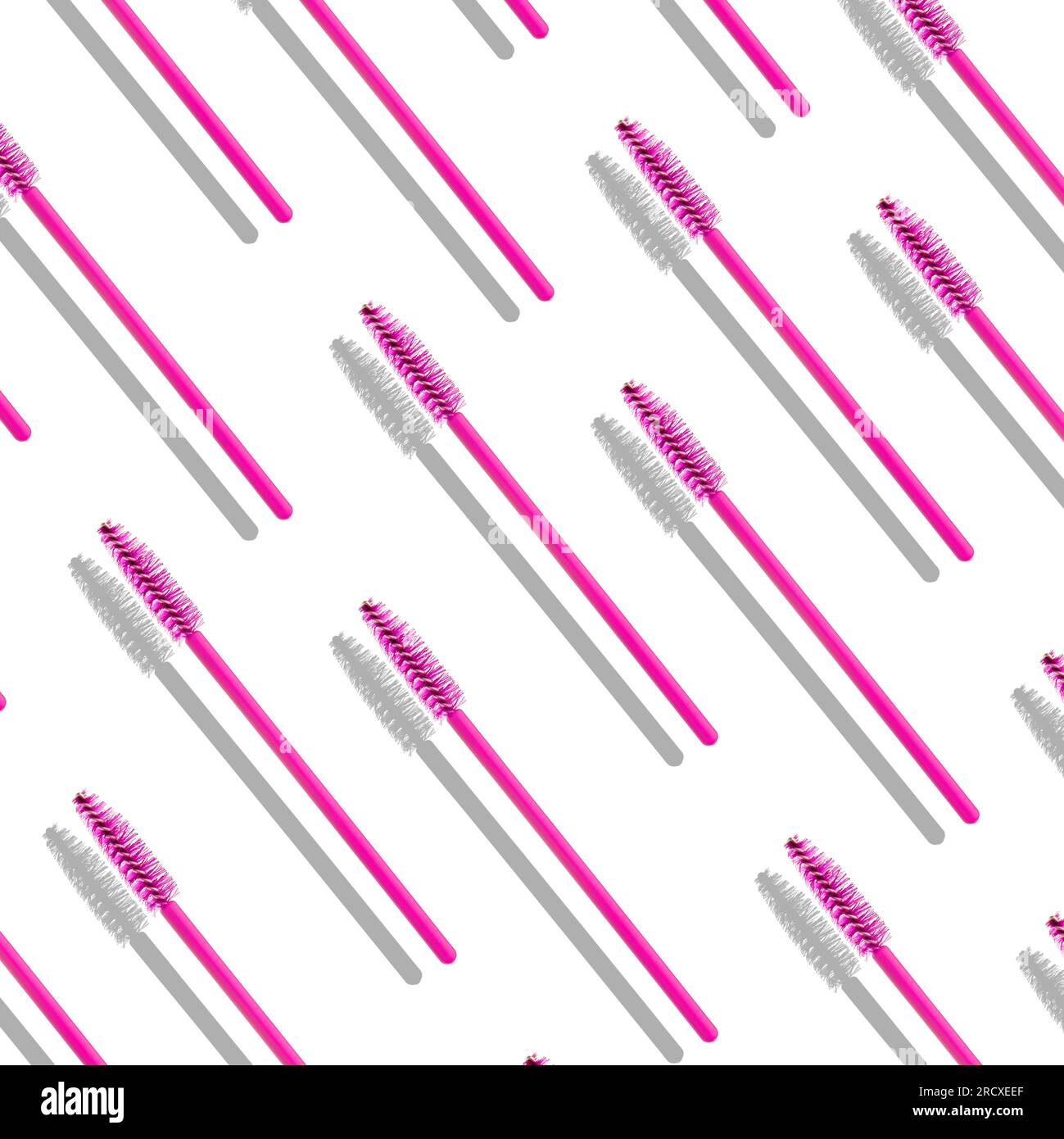 Eine Gruppe rosafarbener Wimpernbürsten, die einen Schatten auf einen weißen Hintergrund werfen Stockfoto