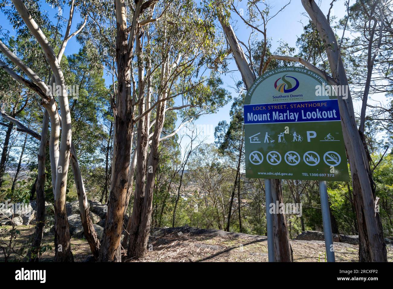 Schild für Mount Marlay Scenic Lookout, Mount Marley, Stanthorpe, Queensland, Australien Stockfoto