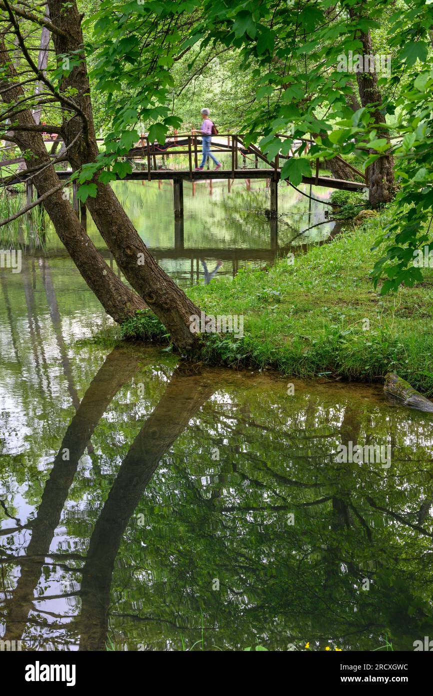 Eine hölzerne Brücke überquert Bäche, die in den Pliva-See am Stadtrand von Jajce einmünden. Zentralbosnisch-Herzegowina, Balkan-Halbinsel, Ost-Eur Stockfoto