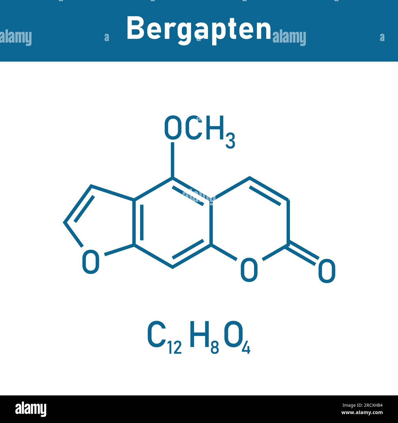 Die chemische Struktur von Bergapten (C12H8O4). Chemische Ressourcen für Lehrer und Schüler. Vektordarstellung isoliert auf weißem Hintergrund. Stock Vektor