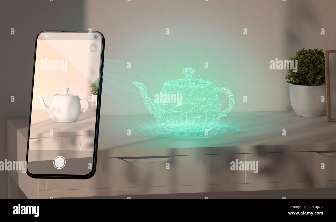 Farbiges Wasserkocher-Hologramm Ständer auf dem Tisch Telefon Display erweiterte Realität Stockfoto