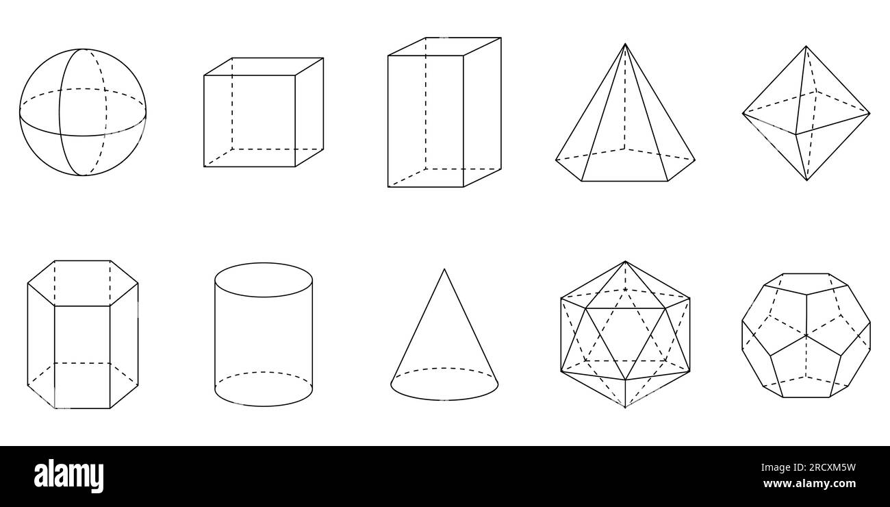 Geometrische 3D-Formen. Quadrat, Würfel, Würfel, Pentagonale Pyramide, Oktaheder, Sechseckiges Prisma, Zylinder, Kegel, Icosahedron und Dodekaeder. Stock Vektor