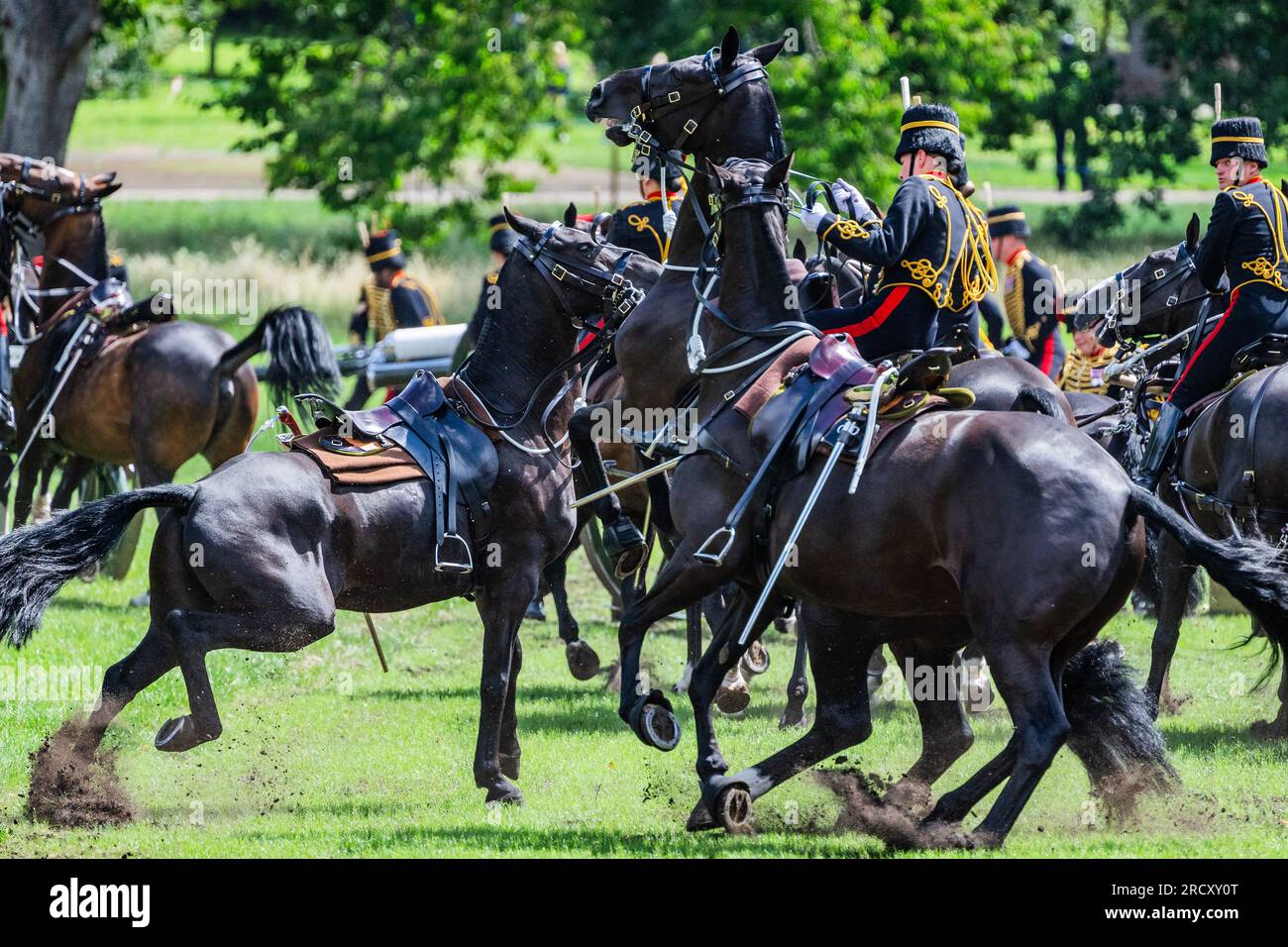 London, Großbritannien. 17. Juli 2023. Einer der Berge wird nervös und fährt ohne Fahrer ab – die britische Armee feiert den Geburtstag Ihrer Majestät der Königin mit traditionellen Gewehrsalutern und Musik. Die königliche Pferdeartillerie feuert um 12 Uhr einen königlichen Salut mit 41 Pistolen ab. Die Band der Coldstream Guards spielt Musik, einschließlich Happy Birthday, um den besonderen Jahrestag der Königin zu feiern. Das ist der erste offizielle Geburtstagsgruß für Ihre Majestät, seit sie Königin wurde. Kredit: Guy Bell/Alamy Live News Stockfoto