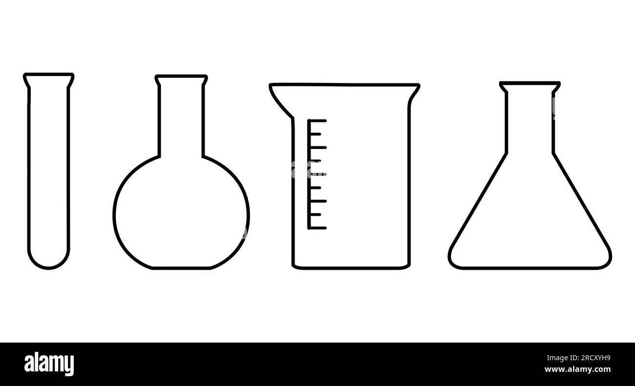 Verschiedene Symbole für Reagenzgläser im Labor auf weißem Hintergrund. Piktogramm, Abbildung des Symbolsatzes. Nützlich für Website-Design, Banner, Printmedien. Stockfoto