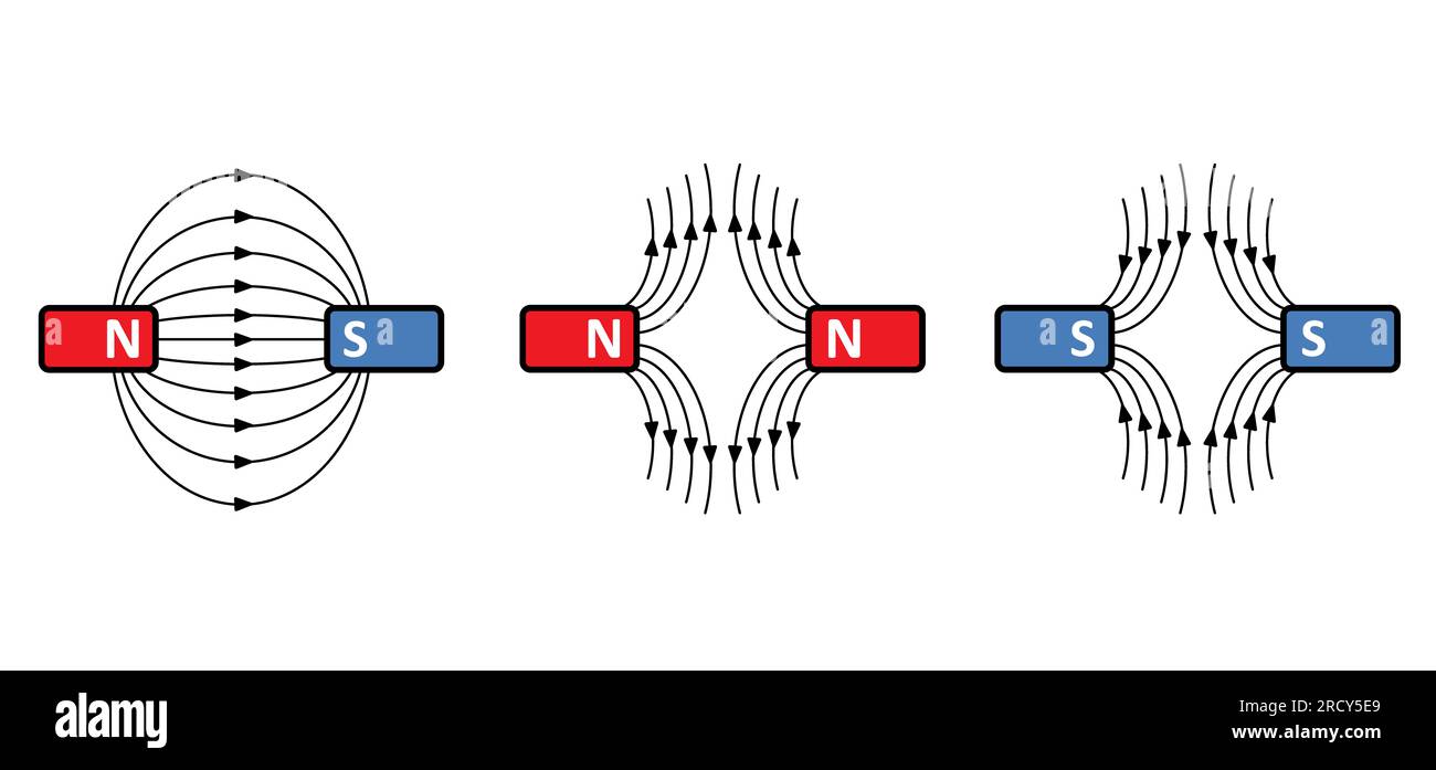 Magnetfeldlinien. Linien um einen Stabmagneten. Polarmagnetdiagramm oder -Schemata. Elektromagnetisches Feld und Magnetkraft. Positiv, Negativ oder Nort Stockfoto