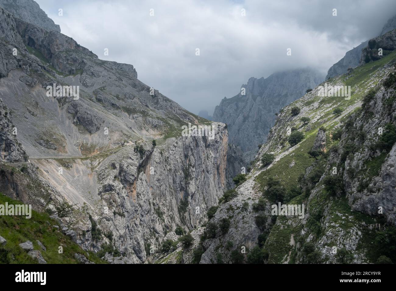 Die felsige Bergseite und die Gipfel rund um den Canyon des Flusses Cares entlang des Spaziergangs Ruta del Cares im Nationalpark Picos da Europa in Asturien in Spai Stockfoto