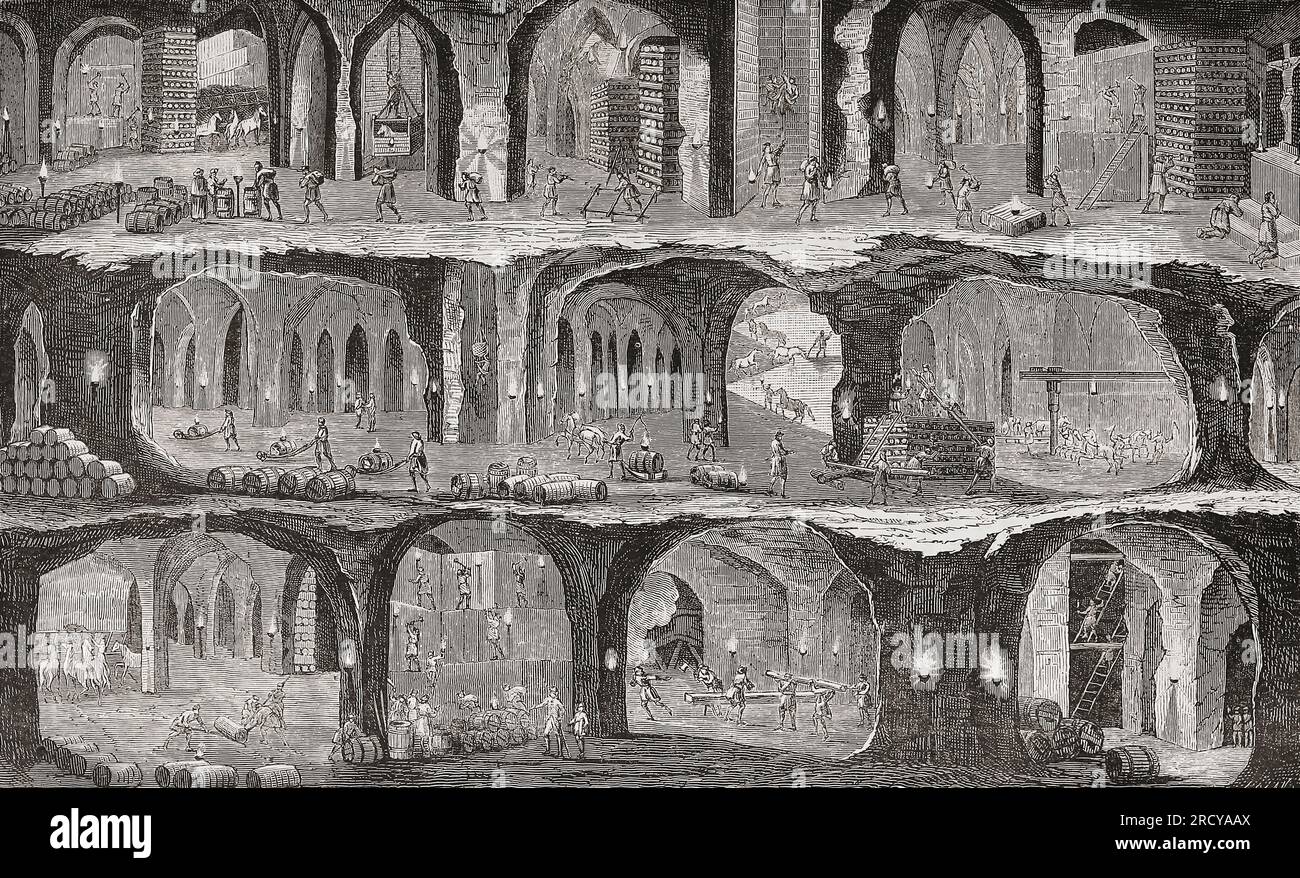 Abbildung des 19. Jahrhunderts mit Querschnitt von drei Ebenen des Salzbergwerks Wieliczka, Polen. Die Minen stammen aus dem 13. Jahrhundert und gehören zum UNESCO-Weltkulturerbe. Nach einer Illustration in Les merveilles de l'Industrie von Louis Figuier, veröffentlicht 1877. Stockfoto