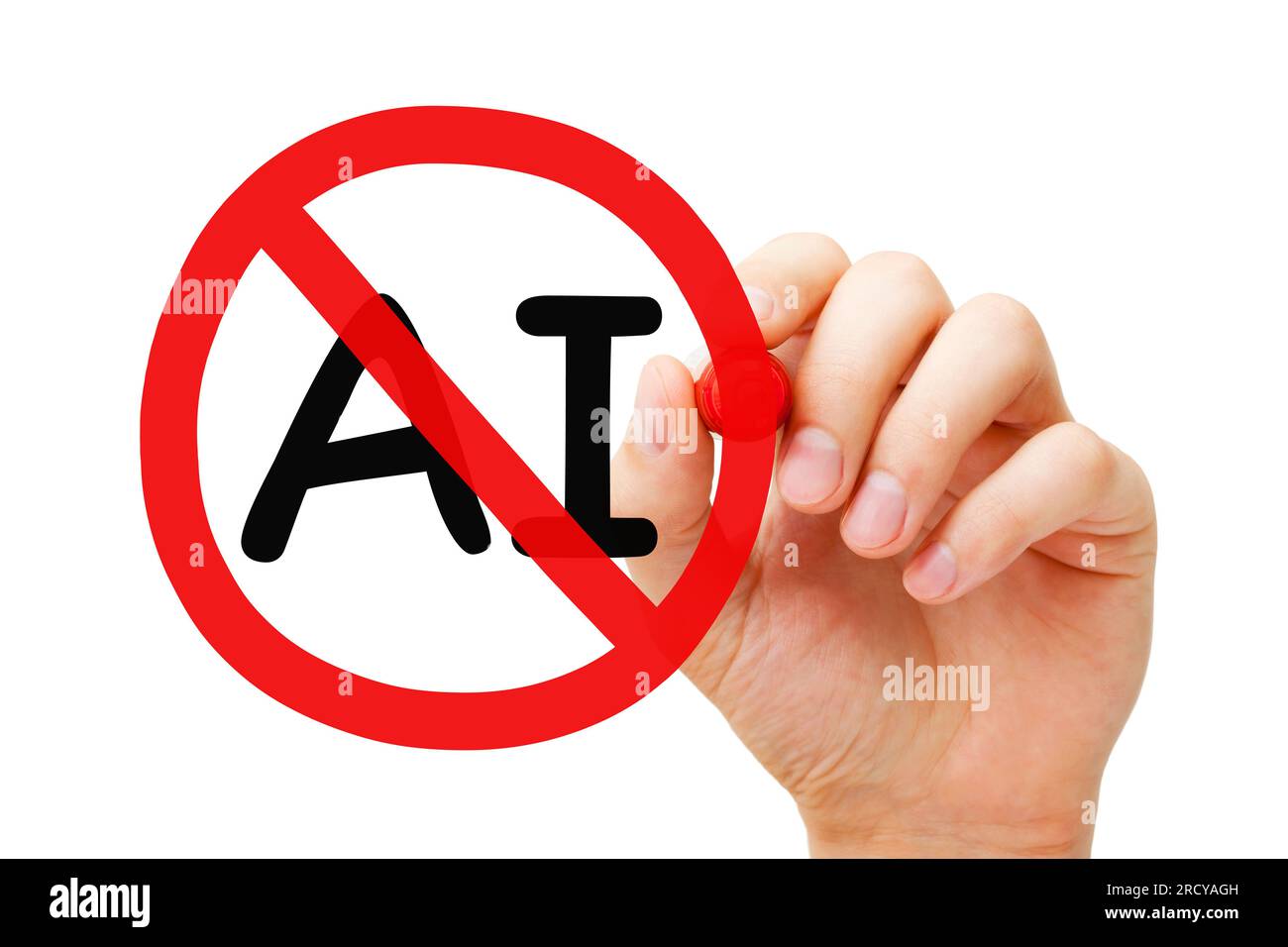 Handzeichnen von AI Artificial Intelligence Prohibition Schild Konzept mit Markierung isoliert auf weißem Hintergrund. Stockfoto