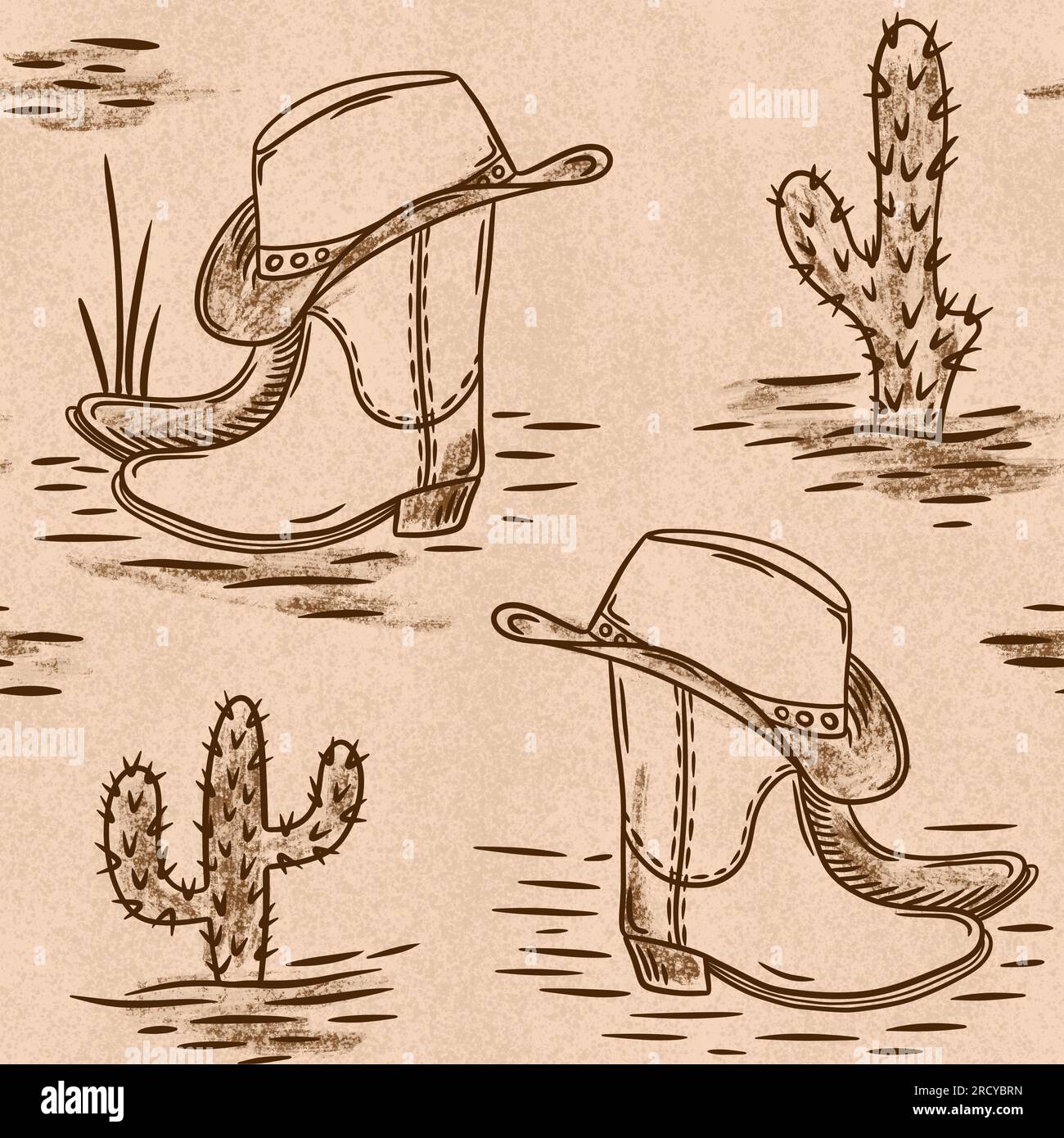 Handgemalte Nahtloses Muster mit braunen Cowboystiefeln, westliches, neutrales Design. Retro Cowgirl hat Cactus im Stil des südwestens von texas Stockfoto
