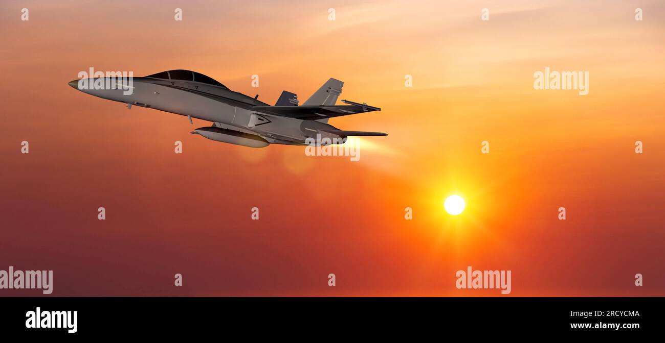Militärflugzeuge fliegen im Hintergrund des Sonnenuntergangs Stockfoto