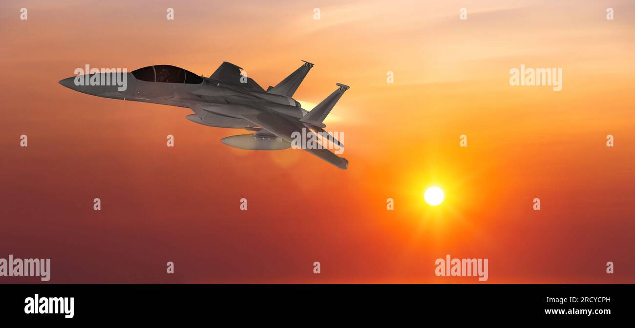 Militärflugzeuge fliegen im Hintergrund des Sonnenuntergangs Stockfoto