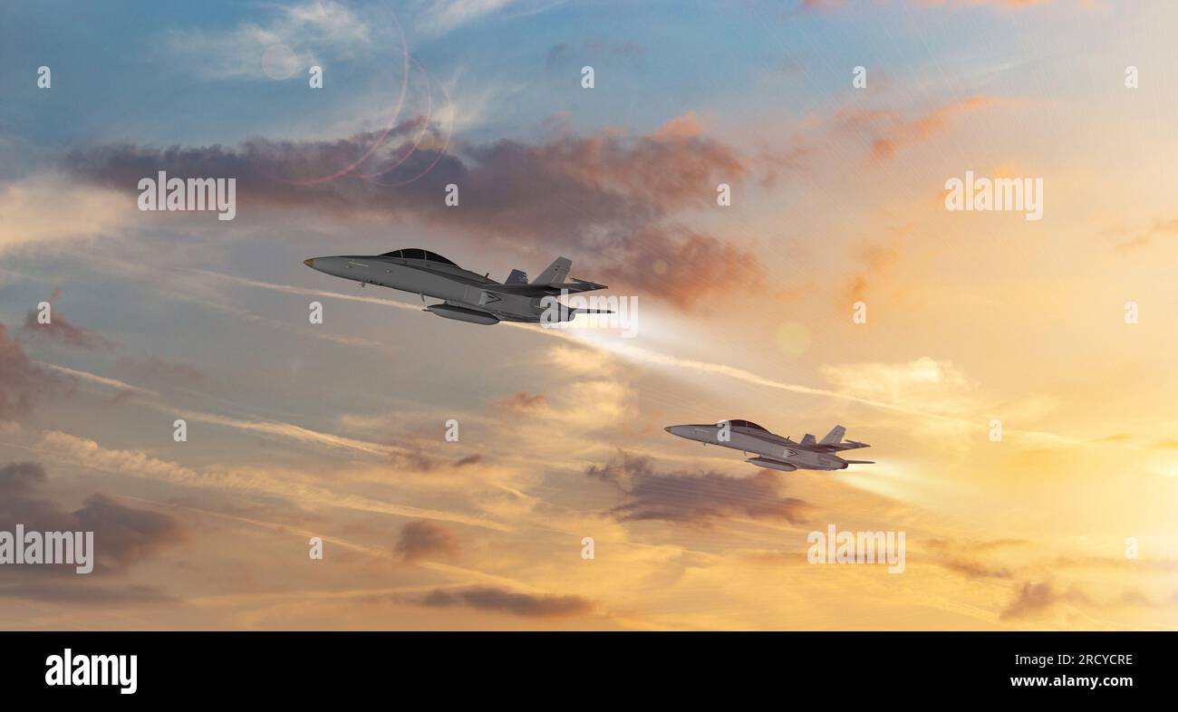 Militärflugzeuge fliegen im Hintergrund des Sonnenuntergangs Stockfoto