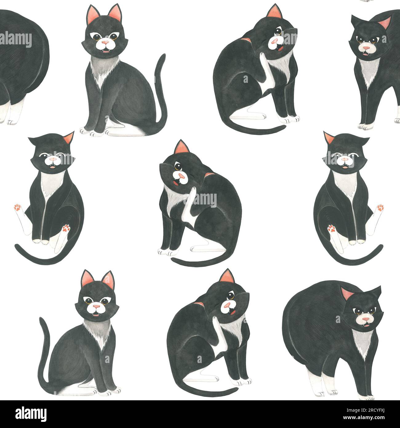 Aquarelldarstellung von schwarzen Katzen nahtloses Muster auf weißem Hintergrund Stockfoto