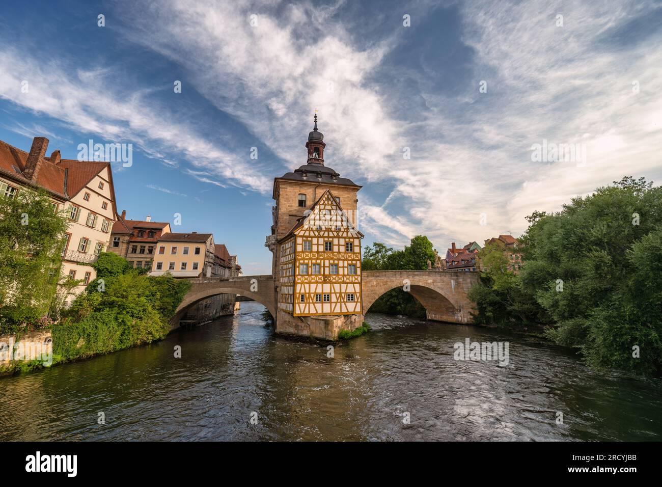 Bamberg Deutschland, Skyline am Alten Rathaus, Altes Rathaus, Altes Rathaus und Fluss Linker Regnitzarm Stockfoto