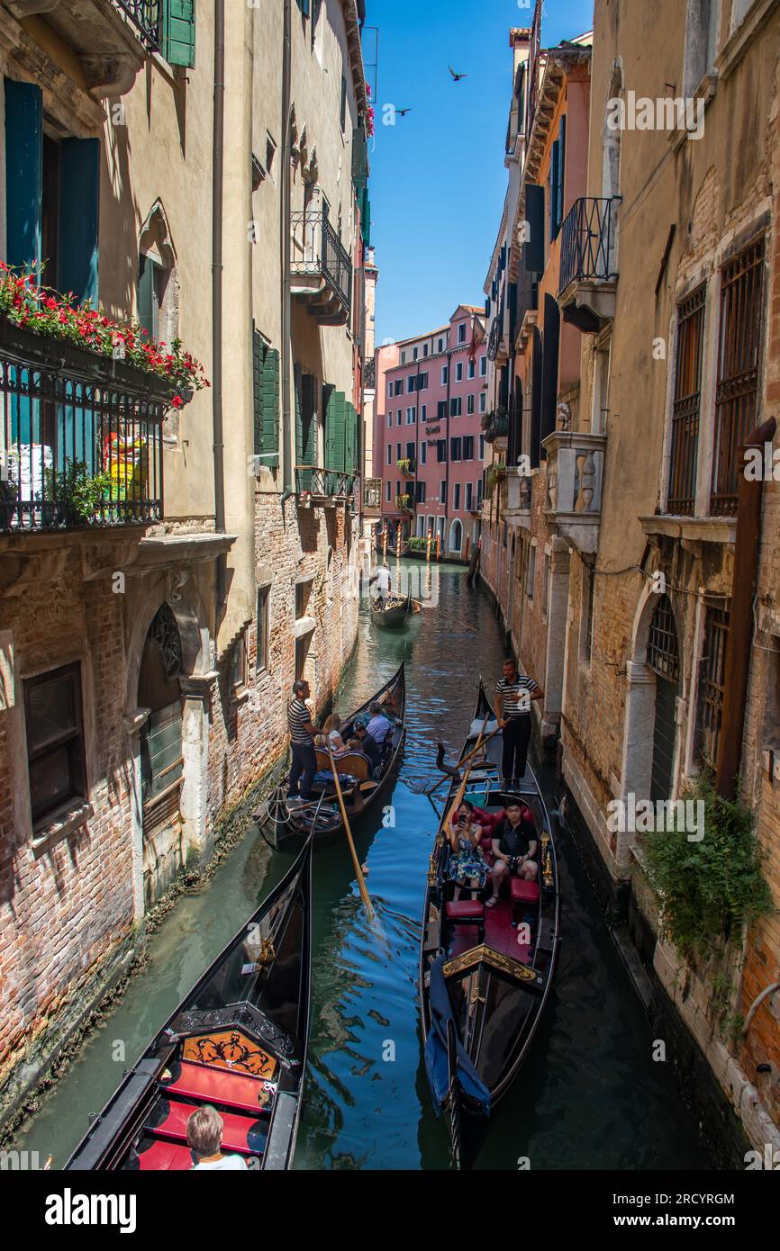 Eine faszinierende Mischung aus Touristen, Gondeln und engen Gassen. Die einheimische Bevölkerung lebt inmitten atemberaubender Architektur und bezauberndem Venetien Stockfoto