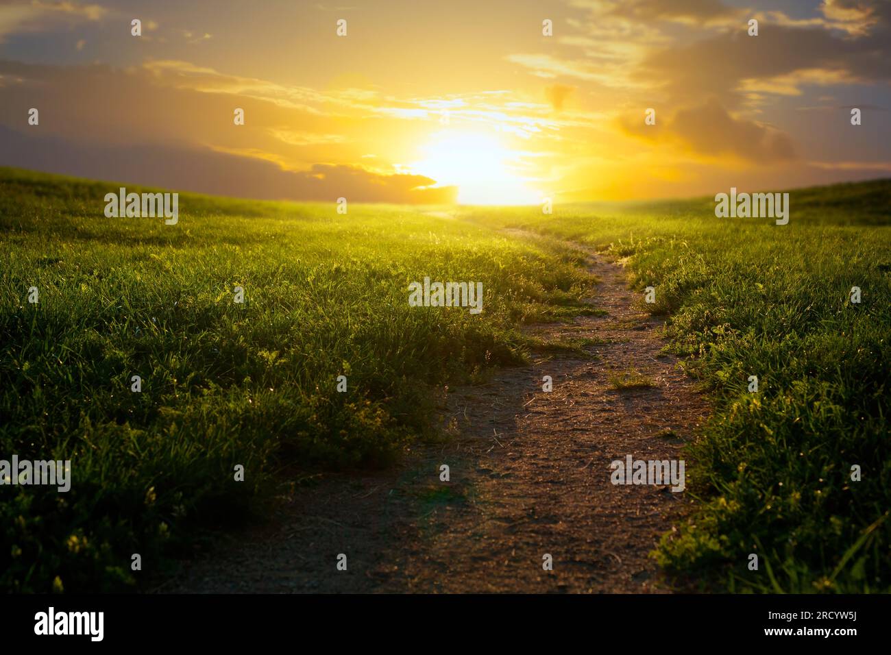 Kunst wunderschöne bergige ländliche Landschaft; Feldpanorama mit unbefestigter Straße und bewölktem Himmel bei Sonnenuntergang. Hintergrundbeleuchtung Sonnenlicht Stockfoto