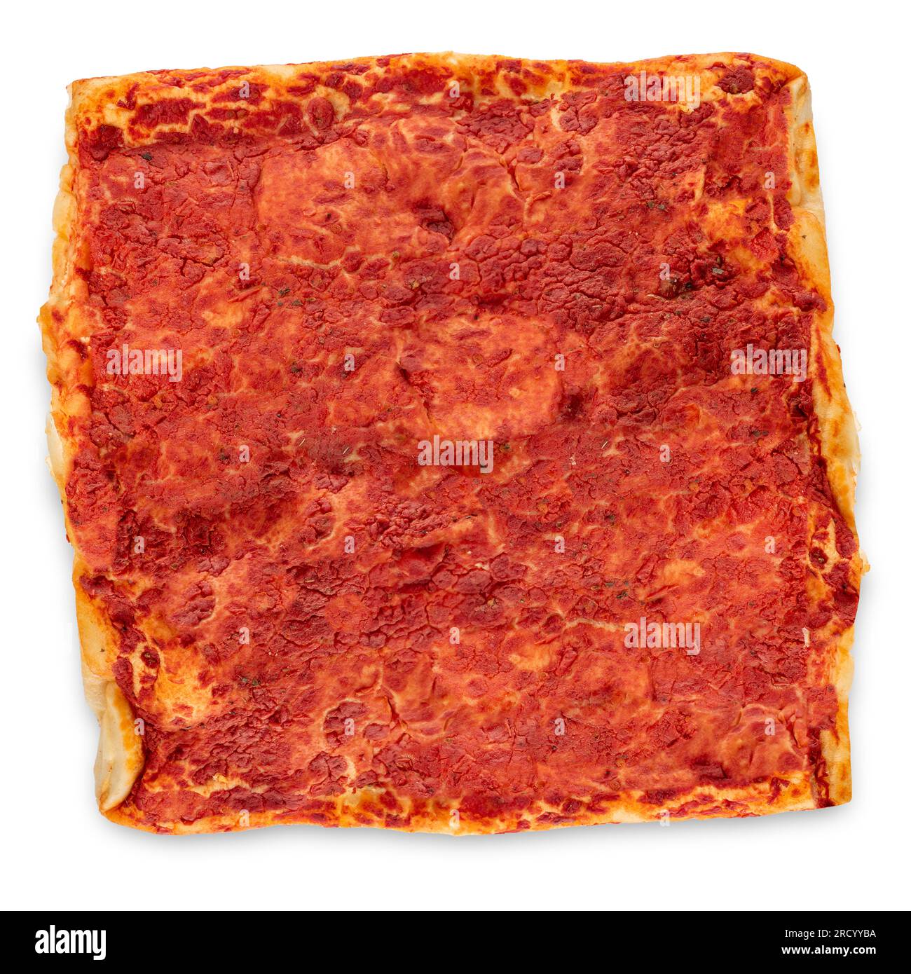 Quadratische Pizza mit Tomatensoße, Blick von oben isoliert auf Weiß, mit Clipping Path im Preis inbegriffen Stockfoto