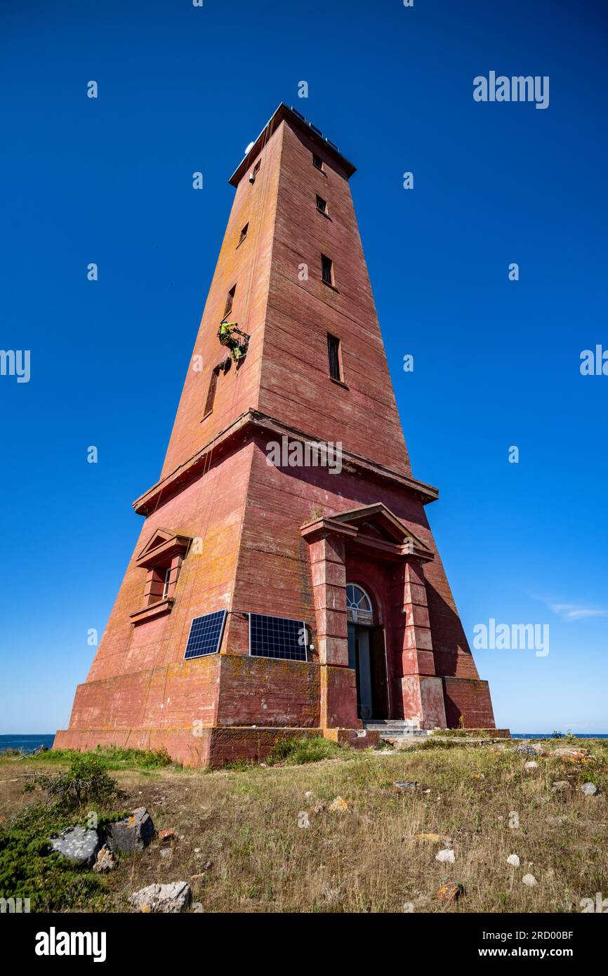 Bohren von Betonproben aus dem Leuchtturm von Lågskär, Ahvenanmaa, Finnland Stockfoto