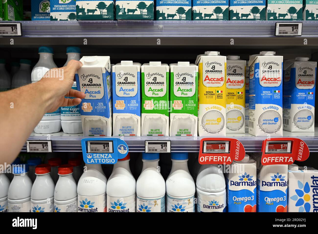 Laktofreie Milchkartons in einem Lebensmittel Stockfoto