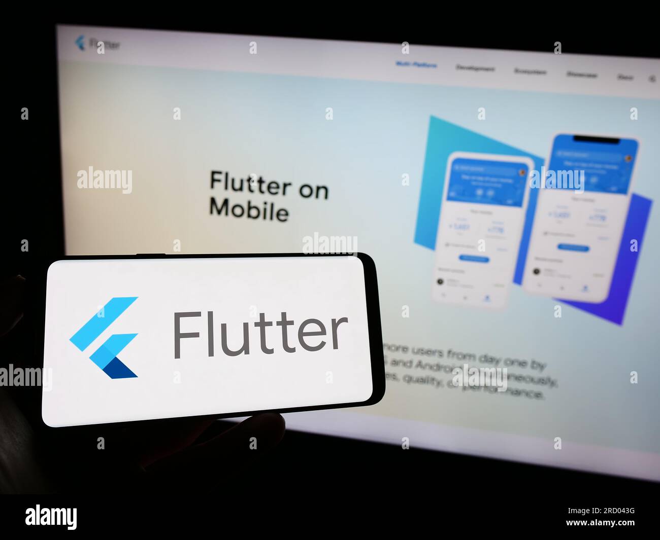 Person, die ein Mobiltelefon mit dem Logo des UI Software Development Kit Flutter (Google) auf dem Bildschirm vor der Webseite hält. Konzentrieren Sie sich auf das Display des Telefons. Stockfoto