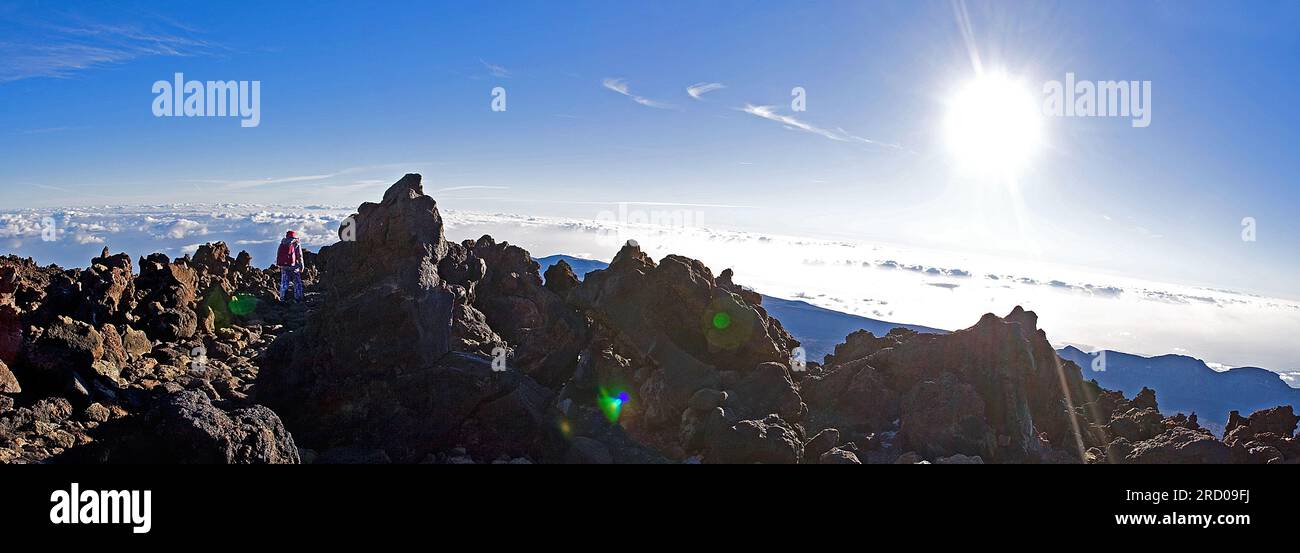 Blick am Morgen vom Vulkan Teide auf den Kanarischen Inseln, versteinerte Lava, Lavatal, natürlicher Hintergrund, Stockfoto