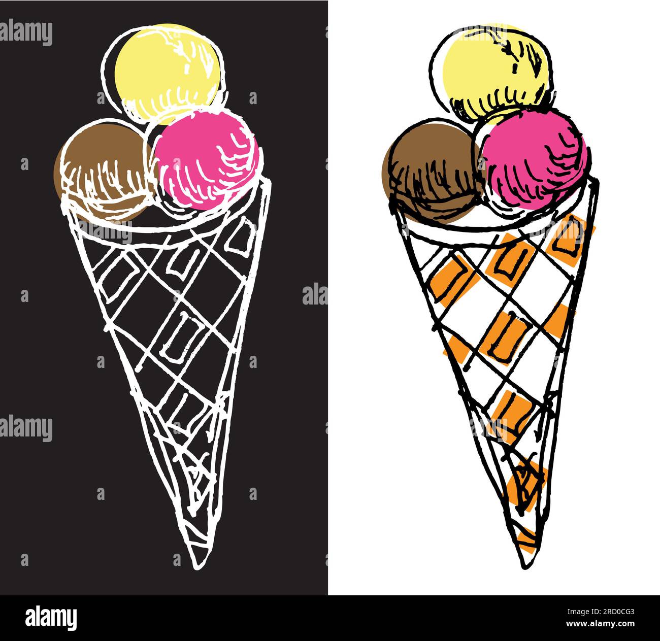 Drei Kugeln Eis in einer Waffelschale, Imbiss, Illustration, Vektor Stockfoto