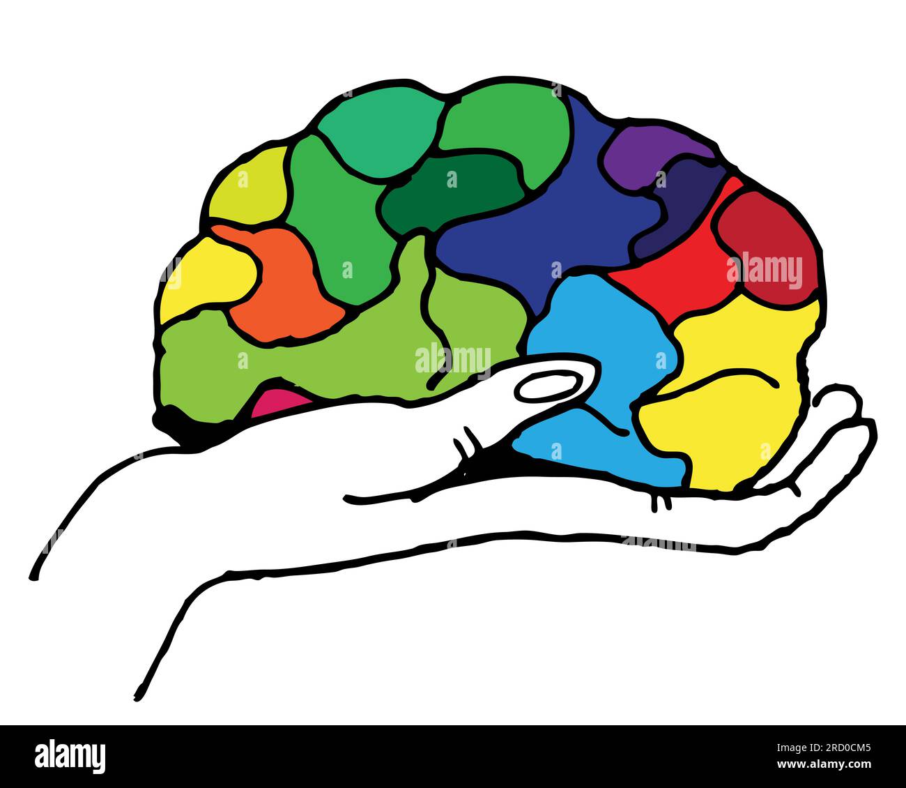 Halten Sie das mehrfarbige Gehirn in der Hand, zeichnen Sie auf weißem Hintergrund, Kreativität, Illustration, Vektor, Symbol, Logo Stockfoto
