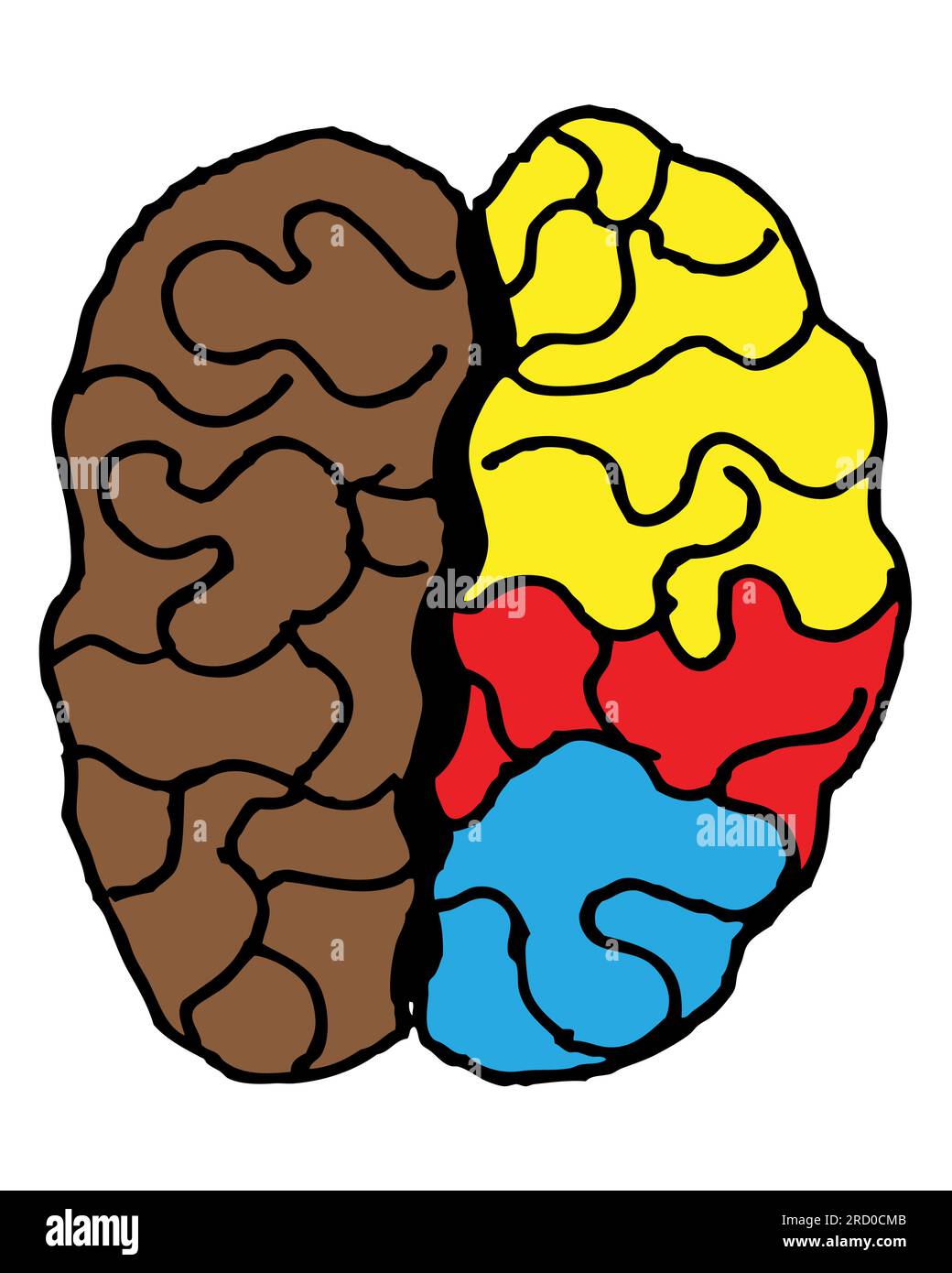 Mehrfarbiges Gehirn, schematische Zeichnung einer Erkrankung der linken Hemisphäre, psychologische Illustration, Vektor, Stockfoto