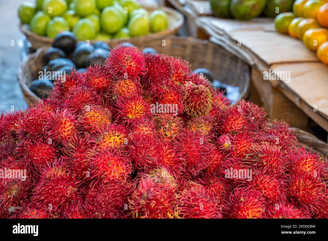 Ein Haufen reifer Rambutan (Nephelium lappaceum), Eine Frucht, die von Südostasien stammt, auf einem Stand im farbenfrohen Markt „Mercado mayoreo“ in der Nähe des Nationalstadiu Stockfoto