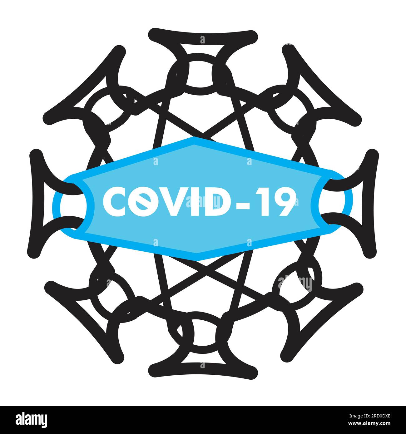 Schwarzes und weißes Symbol mit maskiertem Coronavirus, Covid-19, Virus, Illustration auf weißem Hintergrund Stockfoto