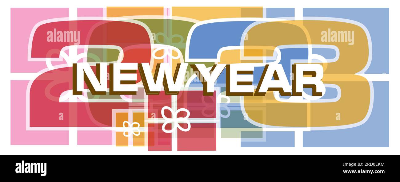 Symbol Nummer 2023 mit Inschrift Neujahrsverlauf und Geschenken in isolierter Vektorgrafik Stockfoto