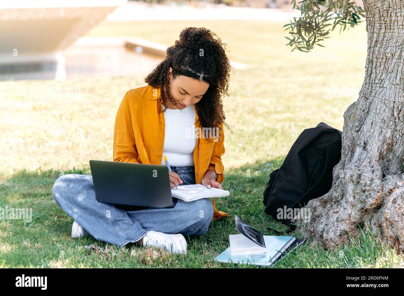 Lernkonzept. Eine moderne, stilvolle, gemischte Studentin, die auf dem Rasen neben dem Baum sitzt, mit einem Laptop und Notizblock Hausaufgaben macht, einem Online-Vortrag zuhört, Notizen macht, lächelt Stockfoto