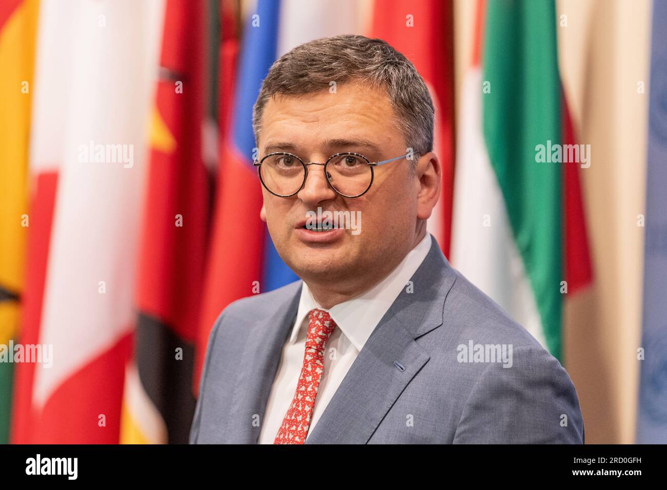 Der ukrainische Außenminister Dmytro Kuleba spricht am 17. Juli 2023 bei der Überwachung durch den Sicherheitsrat am UN-Hauptquartier in New York Stockfoto