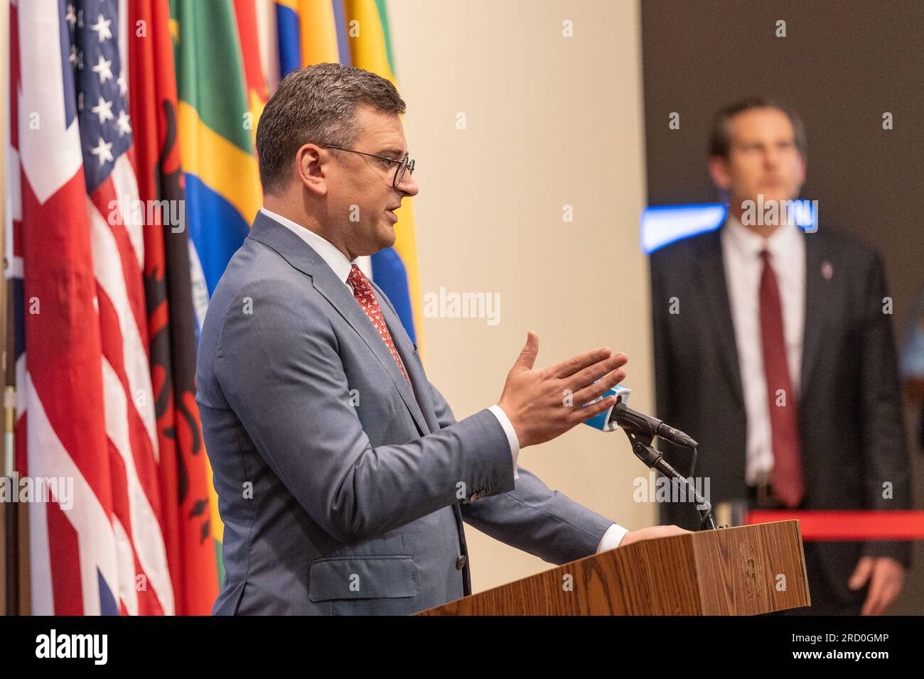 New York, USA. 17. Juli 2023. Der ukrainische Außenminister Dmytro Kuleba spricht am 17. Juli 2023 bei der Überwachung durch den Sicherheitsrat am UN-Hauptquartier in New York. (Foto: Lev Radin/Sipa USA) Guthaben: SIPA USA/Alamy Live News Stockfoto