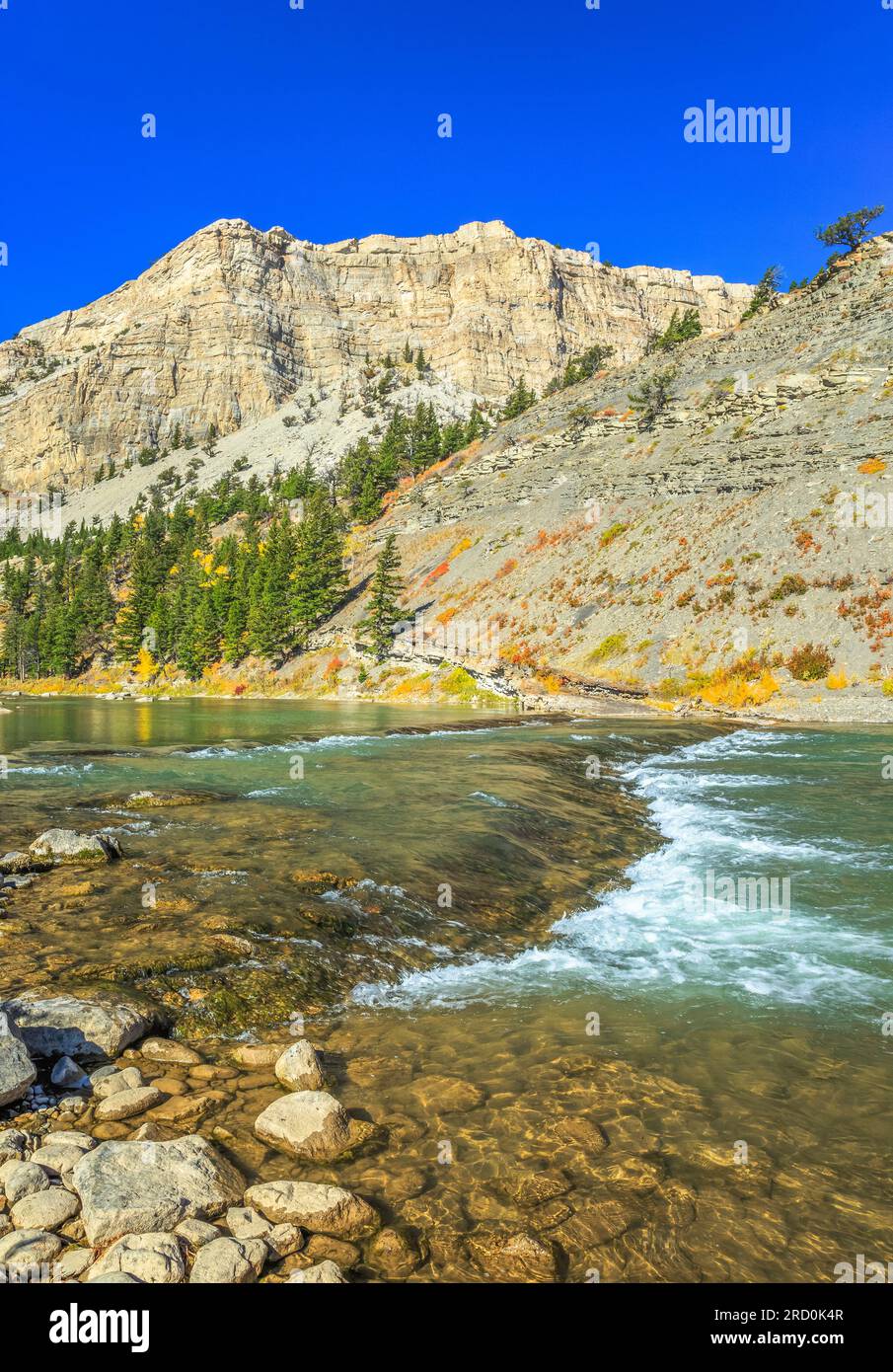 stromschnellen auf dem Sonnenfluss unter den Klippen entlang der felsigen Bergfront im Herbst bei augusta, montana Stockfoto