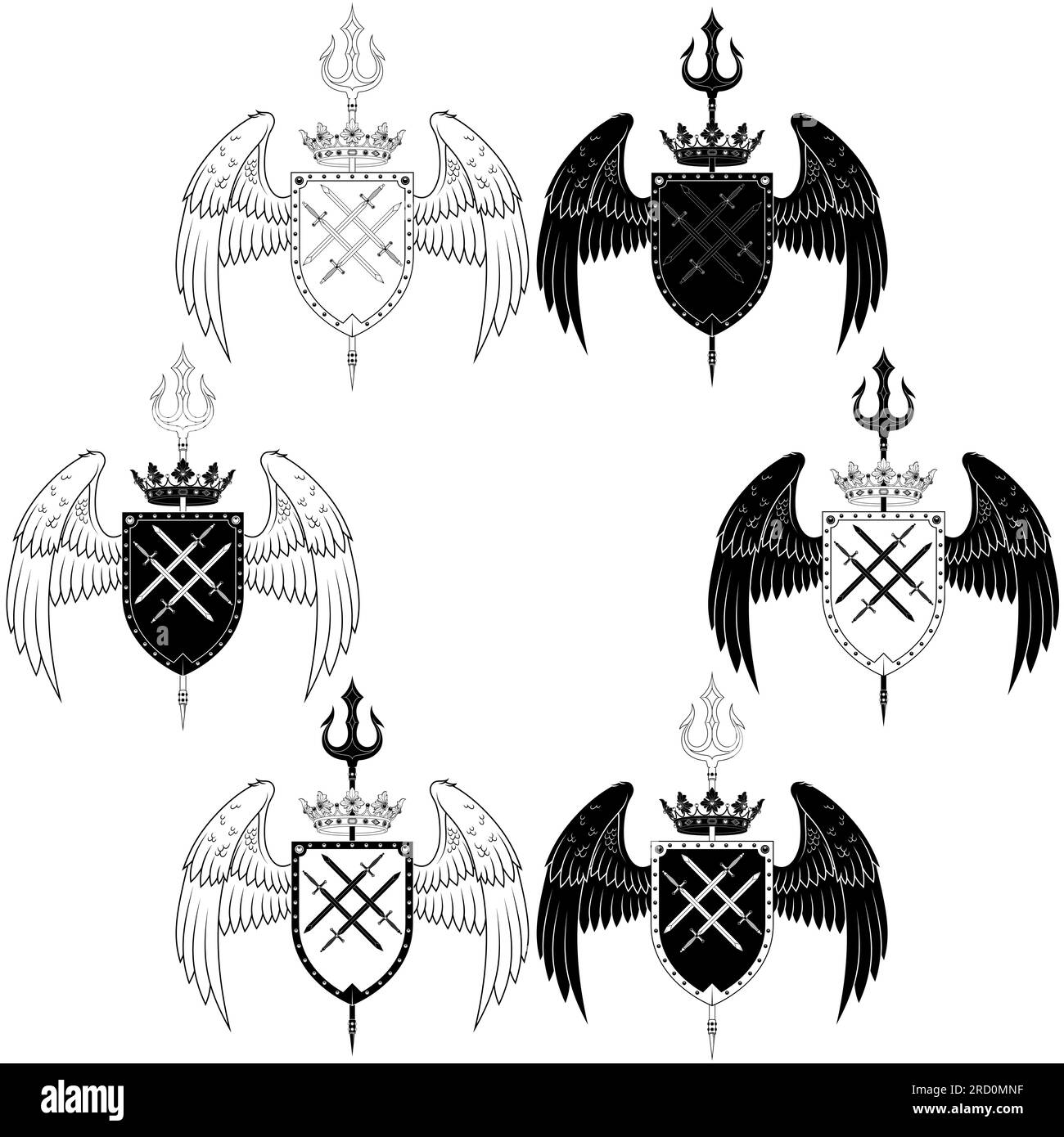 Europäisches Wappen mit Flügeln und Dreizack. Heraldischer Schild des Mittelalters Stock Vektor