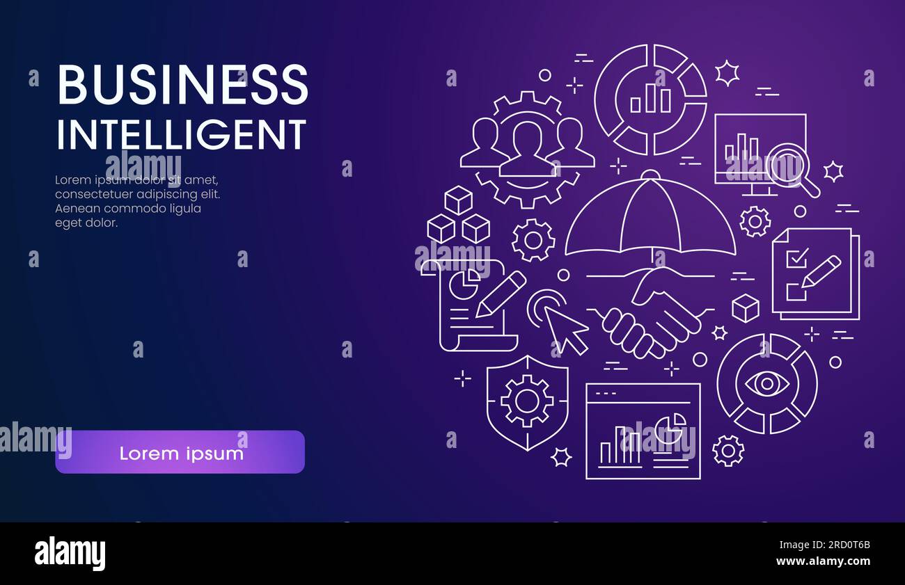 Bannervorlage für Business Intelligence mit linearen Symbolen. Set aus maschinellem Lernen, Datenwissenschaft, Risikomanagement, digitaler Modellierung und anderen. Stock Vektor