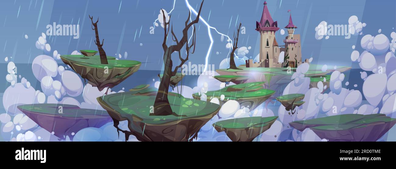 Cartoon-Regenspiel-Hintergrund mit Fantasy Castle. Unheimliche halloween-Landschaft mit Gewitter und Blitzen über der schwimmenden Felseninsel am Himmel. Gruseliges magisches dracula-Schloss mit Turm bei düsterem Wetter Stock Vektor