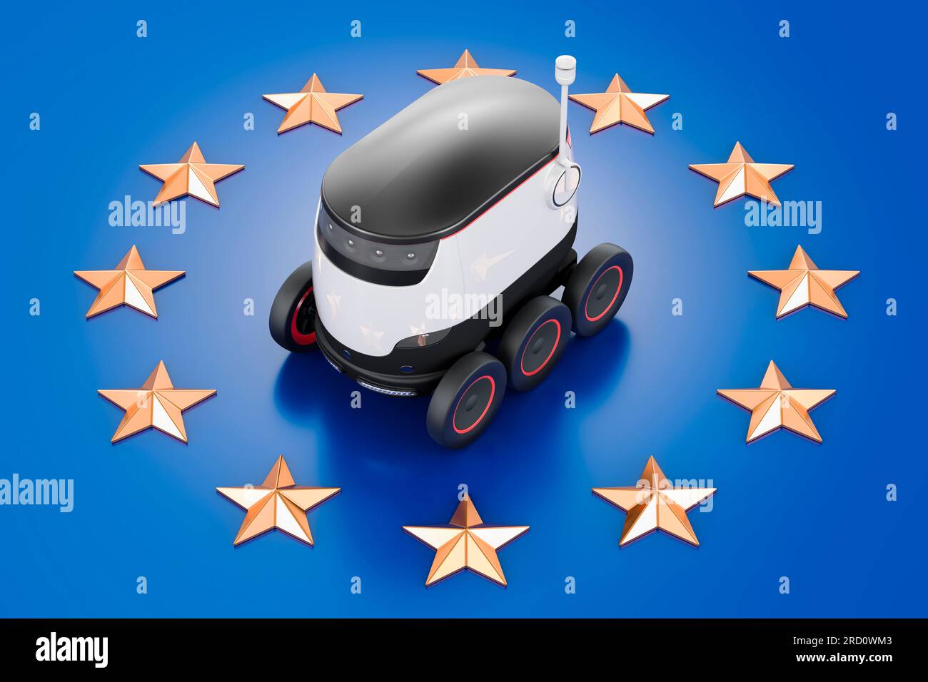 Autonomer Lieferroboter auf EU-Flagge, 3D-Rendering Stockfoto
