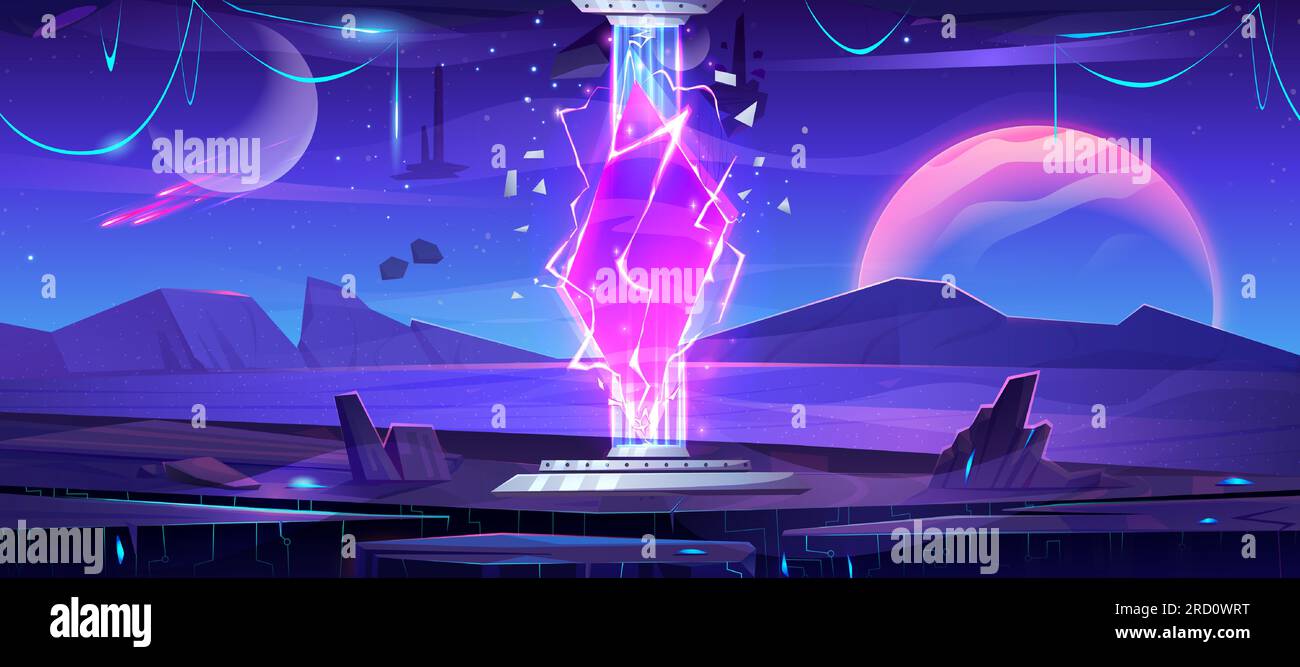 Fantasy Planet Weltraumlandschaft mit magischer Portalillustration. Futuristische Tür zur Außenwelt mit mystischem pinkfarbenem Lightning Energy ui-Bildschirm. Sternenuniversum mit Tor zum Loch Stock Vektor