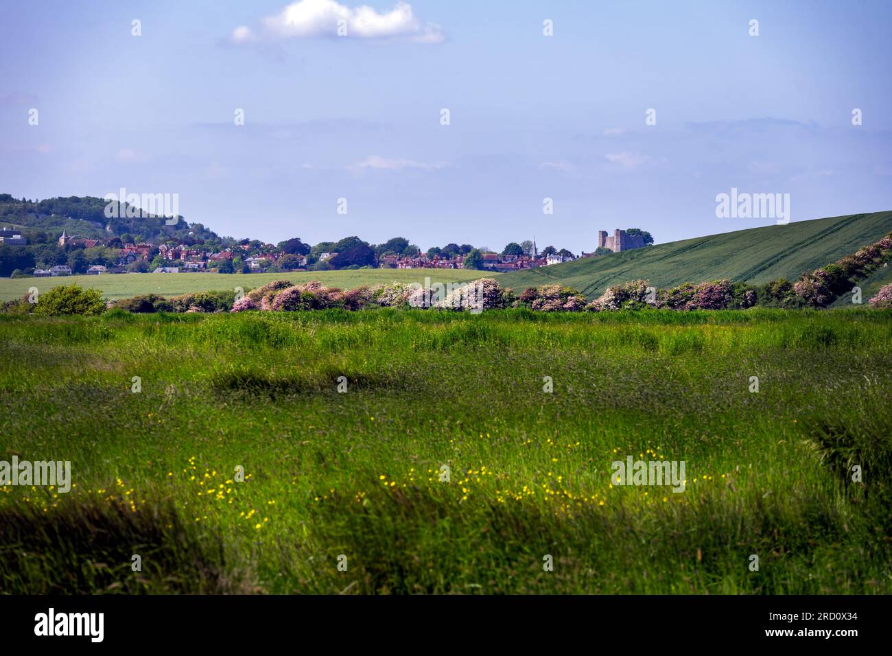 Blick auf die Landschaft rund um Rodmell, East Sussex, England, im Frühling, mit Schloss Lewes im Hintergrund Stockfoto