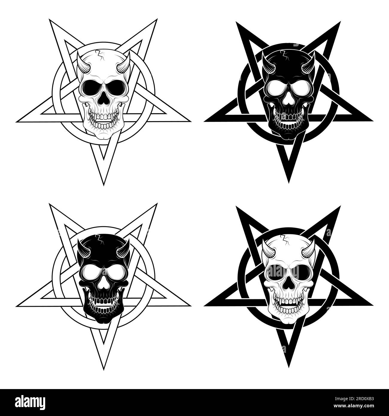 vektordesign von Dämonenschädel und Pentagramm mit Kreis, Schädel mit Hexerei-Pentagramm Stock Vektor