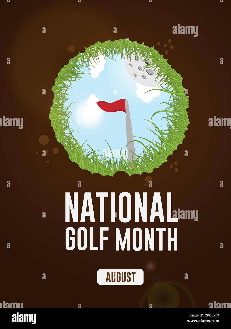 National Golf Month August Hintergrundgrube und natürliches Grasgrün mit einer roten Flagge. Posterdesign im Hintergrund. Vektordarstellung. Stock Vektor