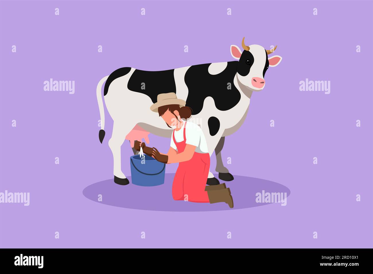 Flaches Grafikdesign, das eine Farmerin beim Melken einer Kuh im Eimer zeigt. Zuchtkühe. Ranch oder Farm. Vieh oder Vieh. Herstellung von Milcherzeugnissen Stockfoto