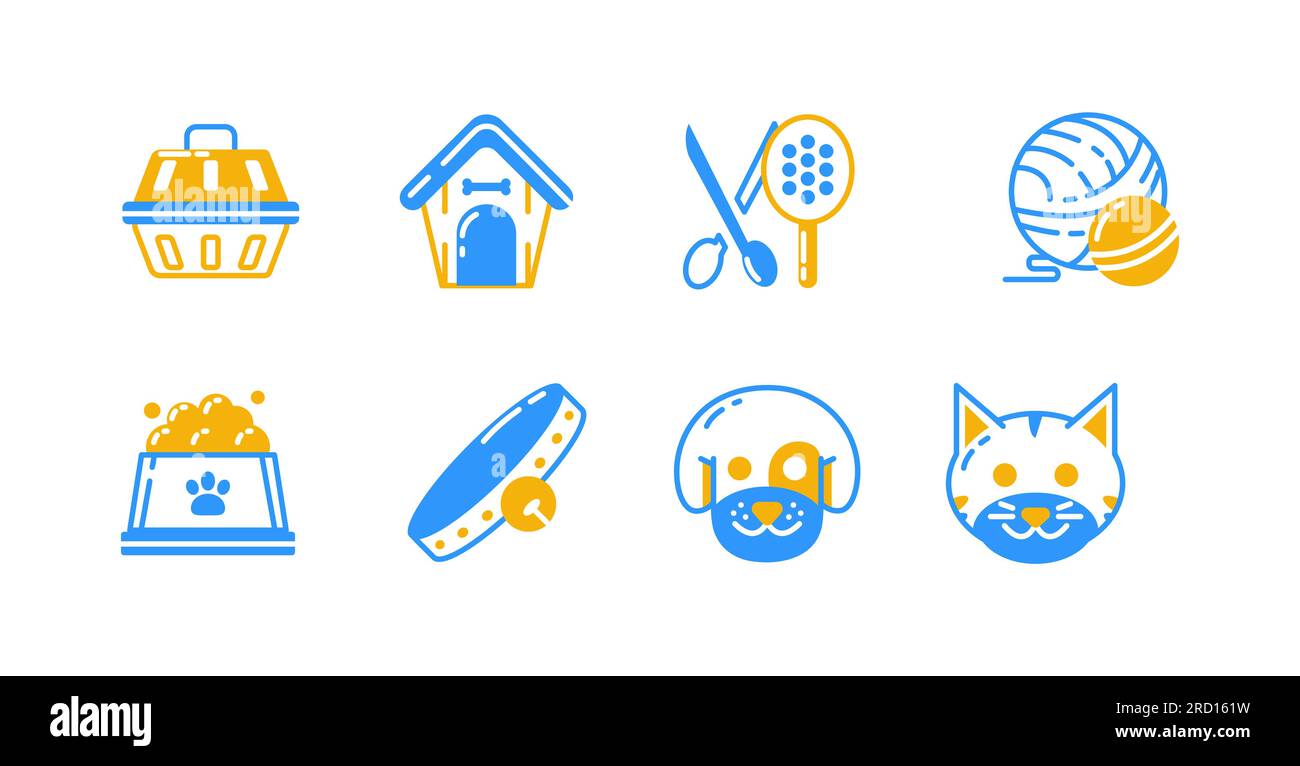 Niedliches Vektorsymbol für Tierhandlung. Hunde, Katzen, Käfige, Häuser, Futter, Kragen, Bälle und Pflegewerkzeuge. Geeignet für Websites und Muster Stock Vektor