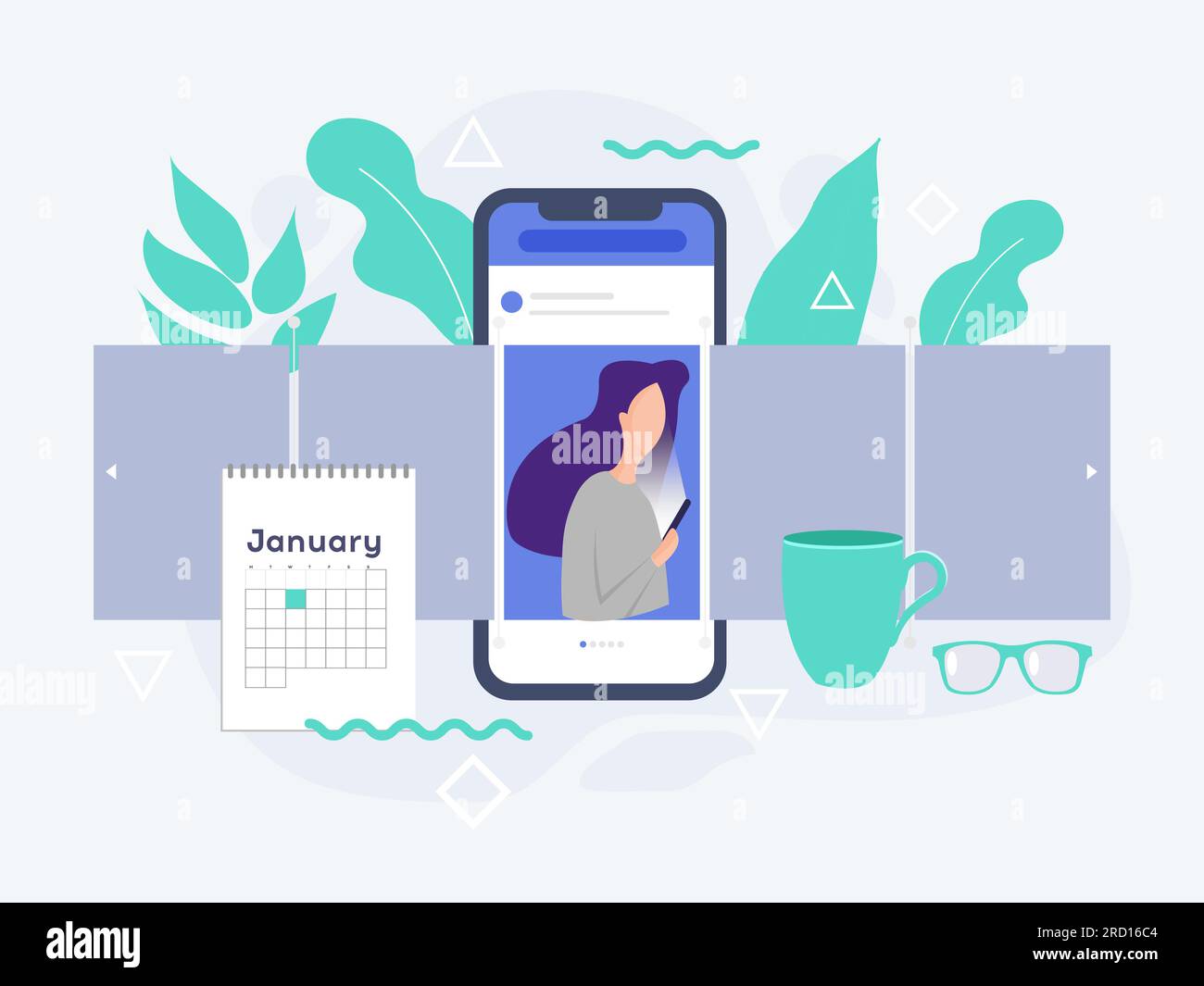 Design-Konzept für soziale Medien. Smartphone mit Schnittstelle Karussell-Post in sozialen Netzwerken. Karussellpfahl an der Seite des Telefons. Geschichte aus sozialen Medien. Stock Vektor