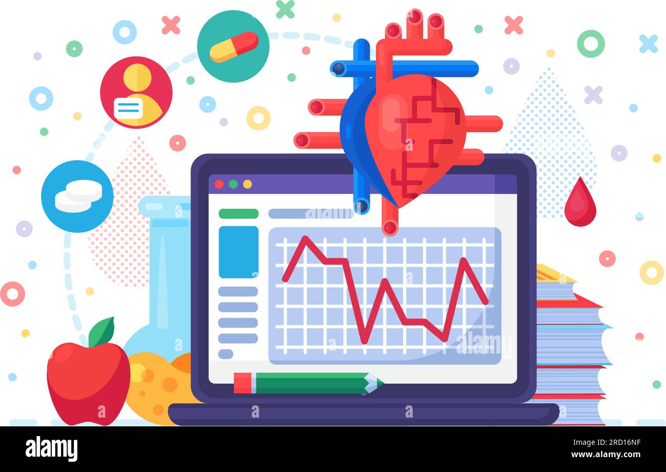 Aktivitäts- und Strukturforschung des menschlichen Herzorgans, Datenverwendung durch die wissenschaftliche Gemeinschaft. Medizinische Herz-Kardio-Studie. Einfacher flacher Konzeptvektor i Stock Vektor
